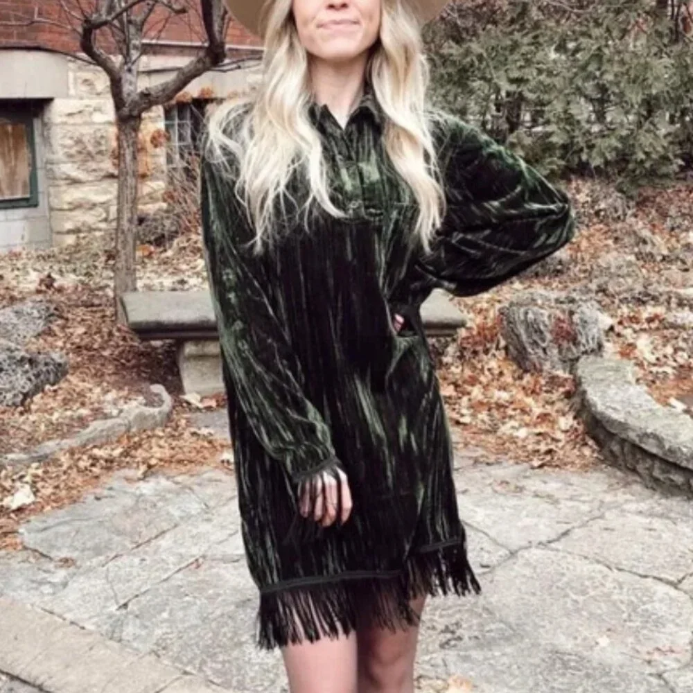 Something Navy Phoebe Long Sleeve Shirt Fringe Dress - Crushed Emerald Velvet - Picture 3 of 3